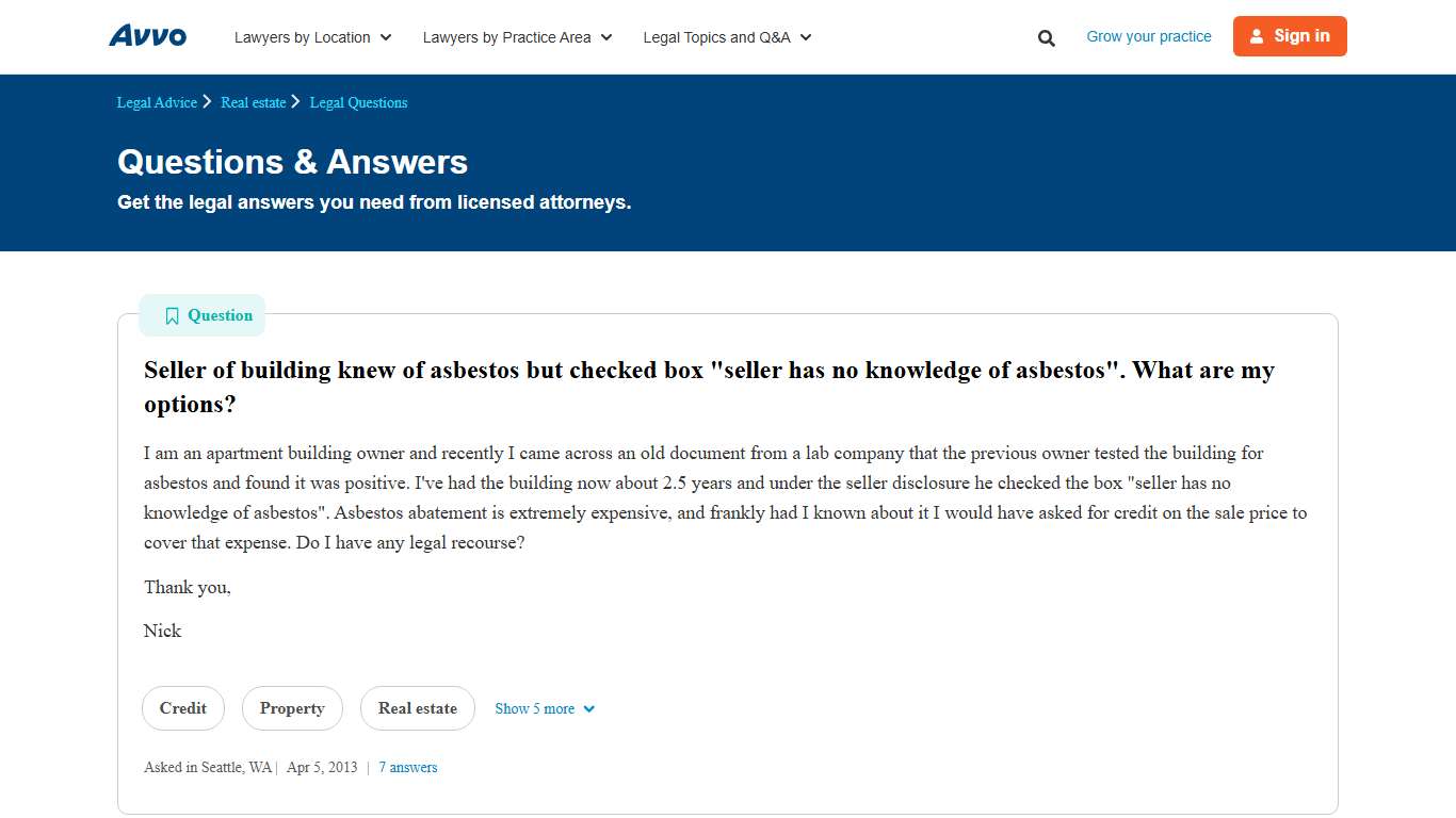 Seller of building knew of asbestos but checked box "seller has no knowledge of asbestos". What are my options? - Legal Answers